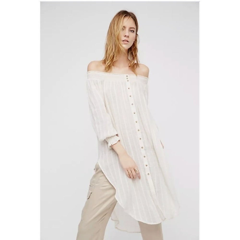 Free People Wild Adventures Maxi Shirt XS Ivory Crinkle Duster Boho Coastal EUC